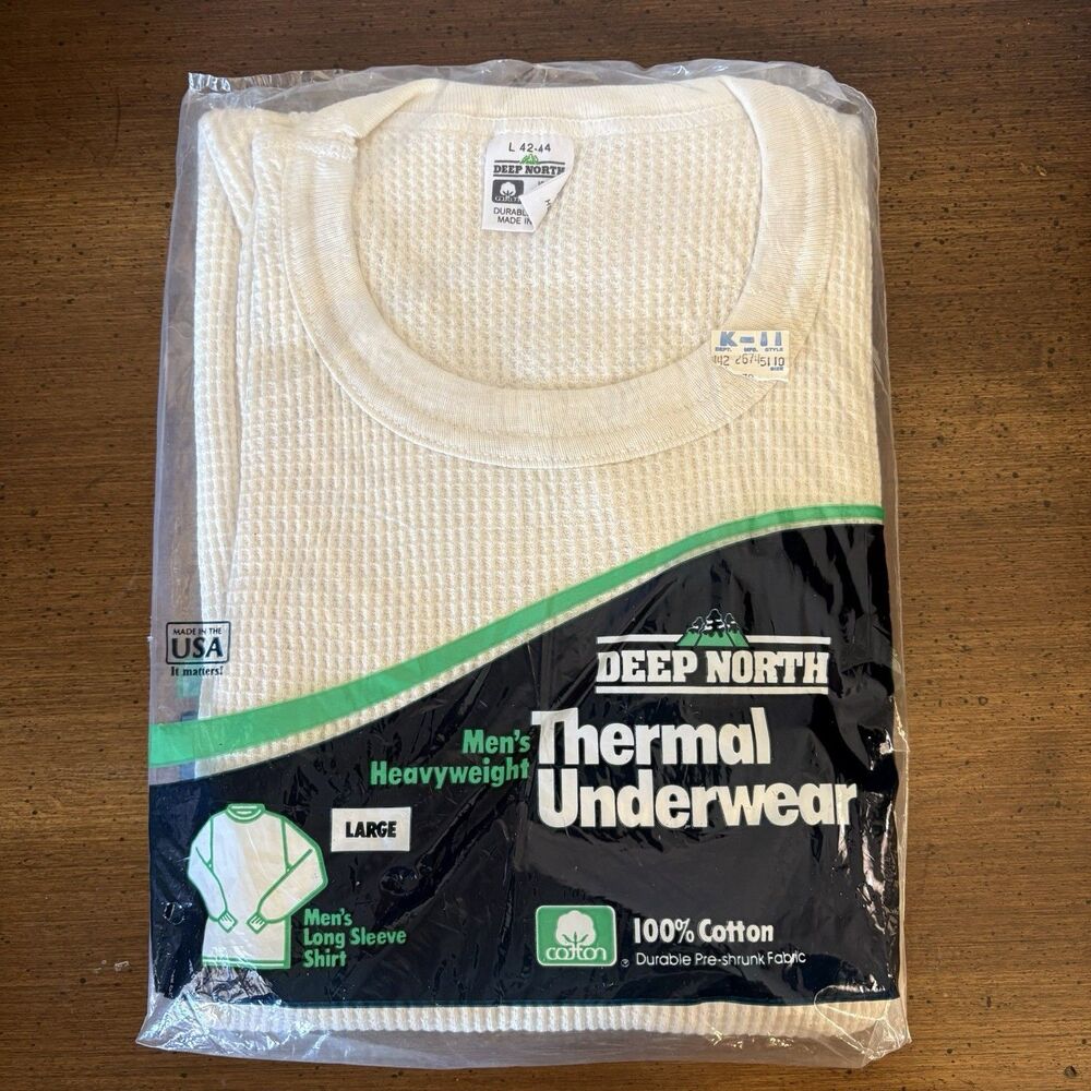VTG DEEP NORTH Deadstock Thermal Long Sleeve Shirt Mens L 42-44 USA Cotton